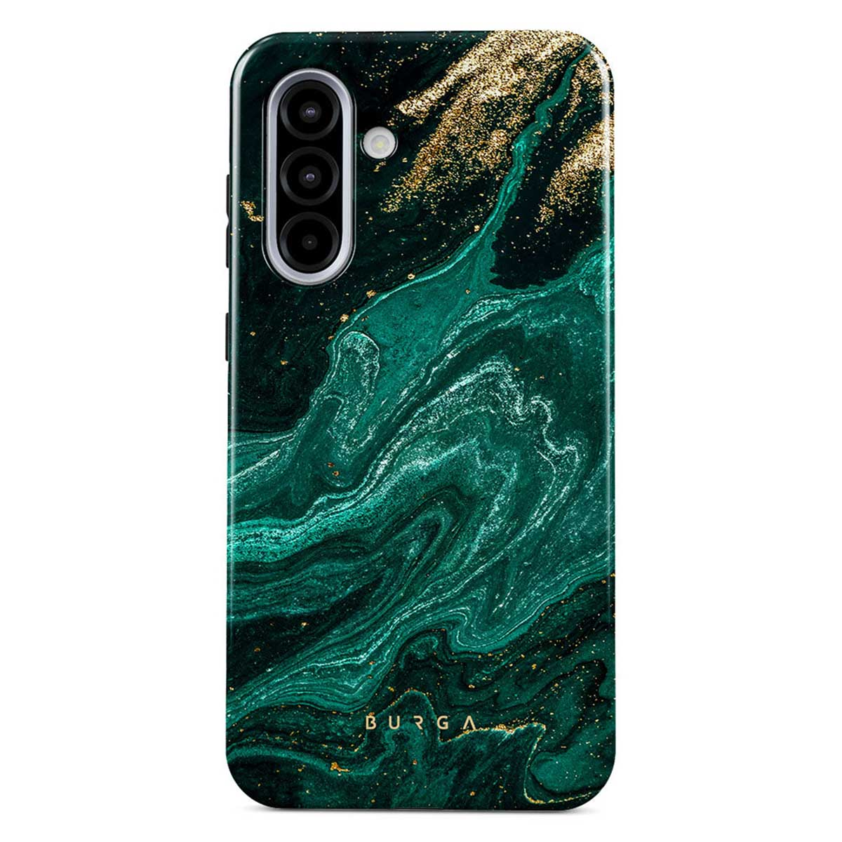 Een smartphonehoesje met een groen en goud marmerontwerp. Het heeft een cameramodule en de merknaam 'BURGA' onderaan.