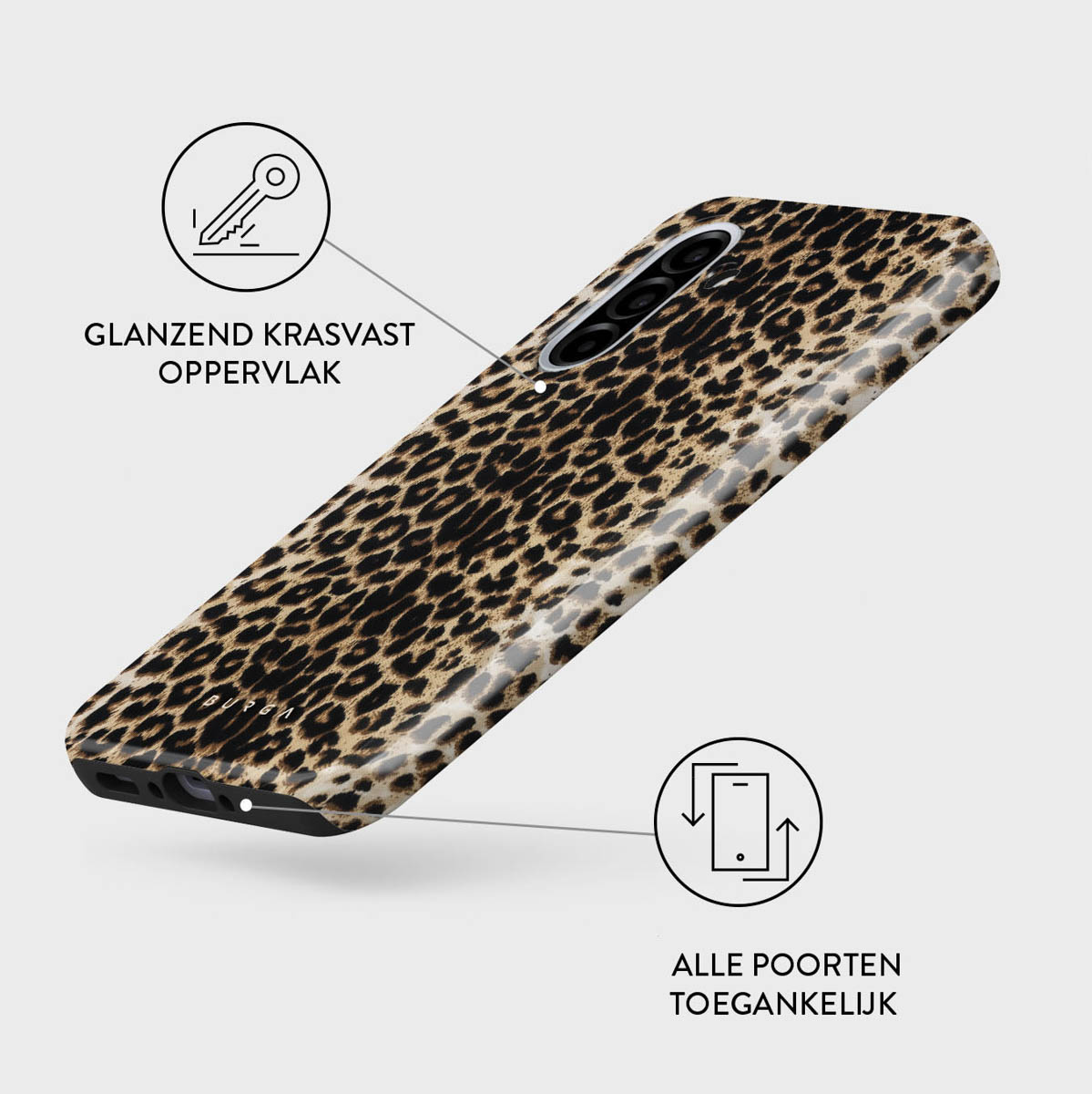 Een telefoonhoesje met luipaardprint op een witte achtergrond. Tekst geeft krasbestendig oppervlak en toegang tot poorten aan.