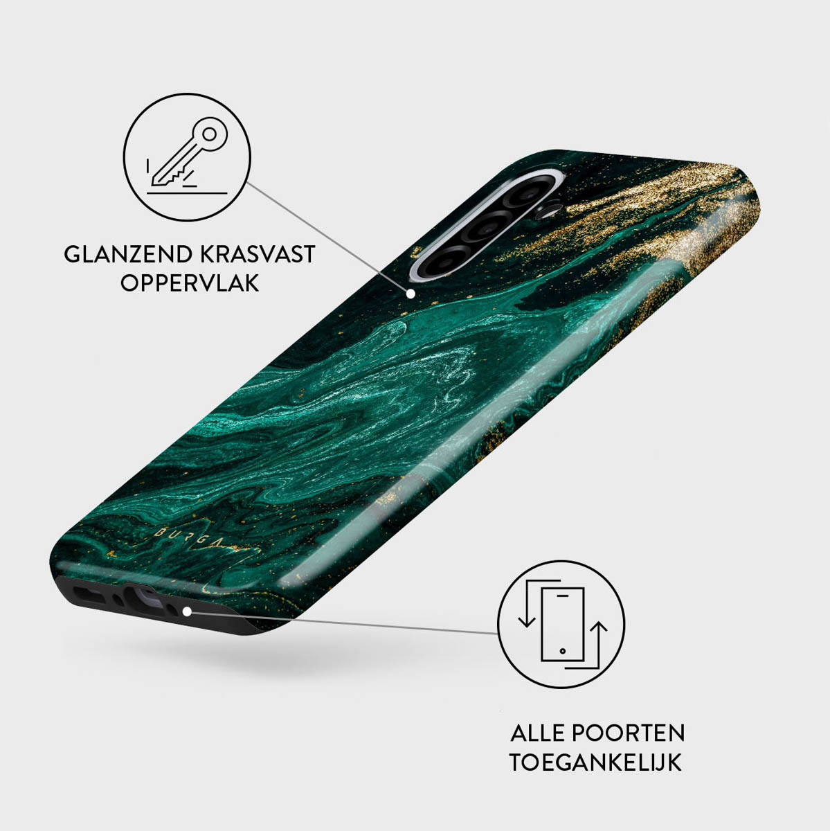 Een telefoonhoesje met een groen marmerdesign en gouden accenten. Nederlandse teksten beschrijven de kenmerken.