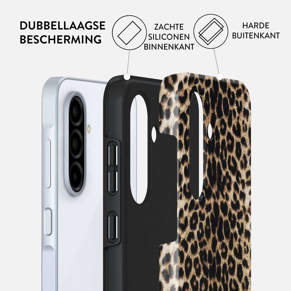 Een telefoonhoesje met drie lagen, met een witte telefoon, een zwarte middenlaag en een buitenlaag met luipaardprint.