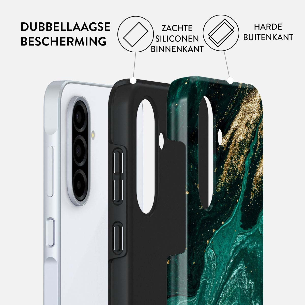 Afbeelding toont een telefoonhoesje met lagen. Tekstlabels benadrukken 'Dubbellaagse bescherming', 'Zachte siliconen binnenkant'.