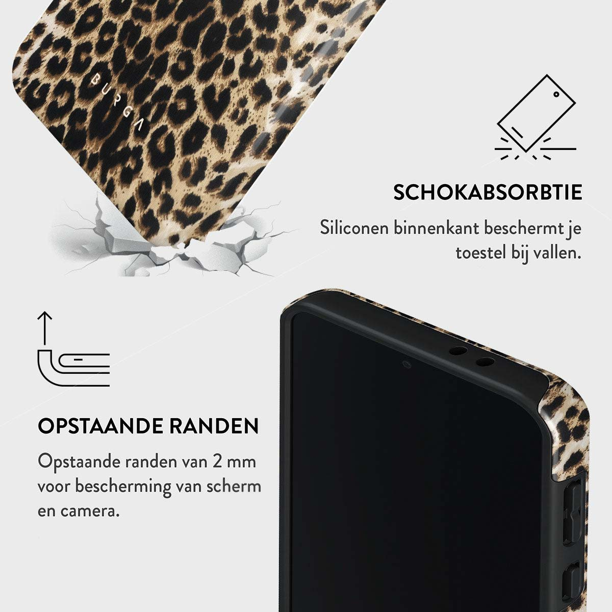 Telefoonhoesje met luipaardprint, tekst die schokabsorptie en verhoogde randen aangeeft voor scherm- en camerabescherming.