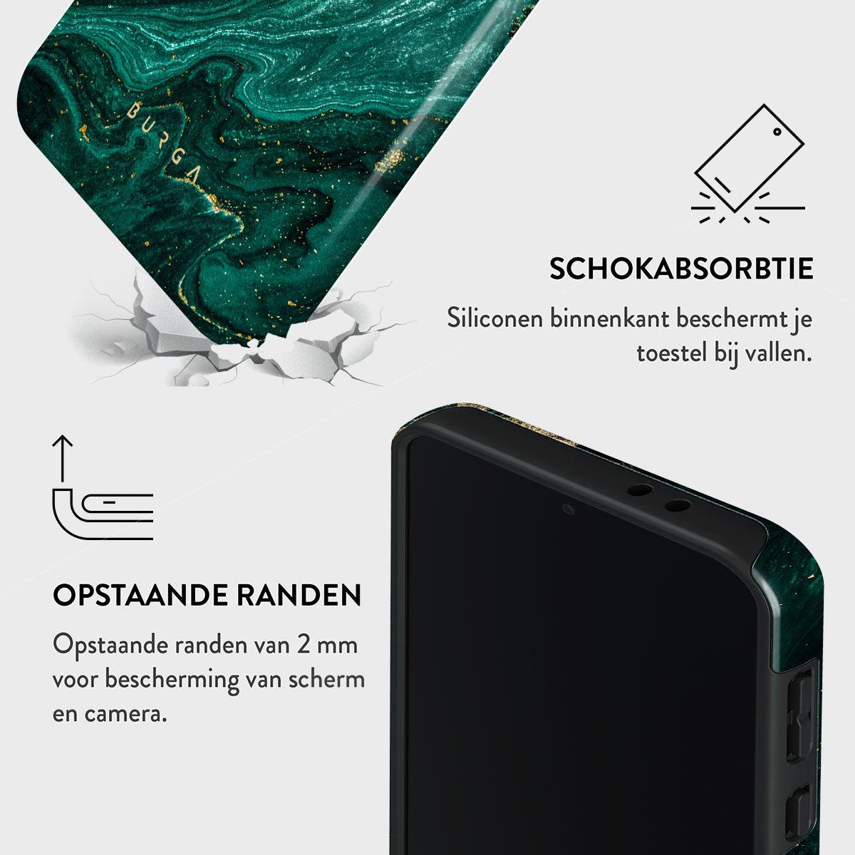 Telefoonhoesje met een groen marmer ontwerp. Kenmerken zijn schokabsorptie, opstaande randen voor scherm- en camerabescherming.