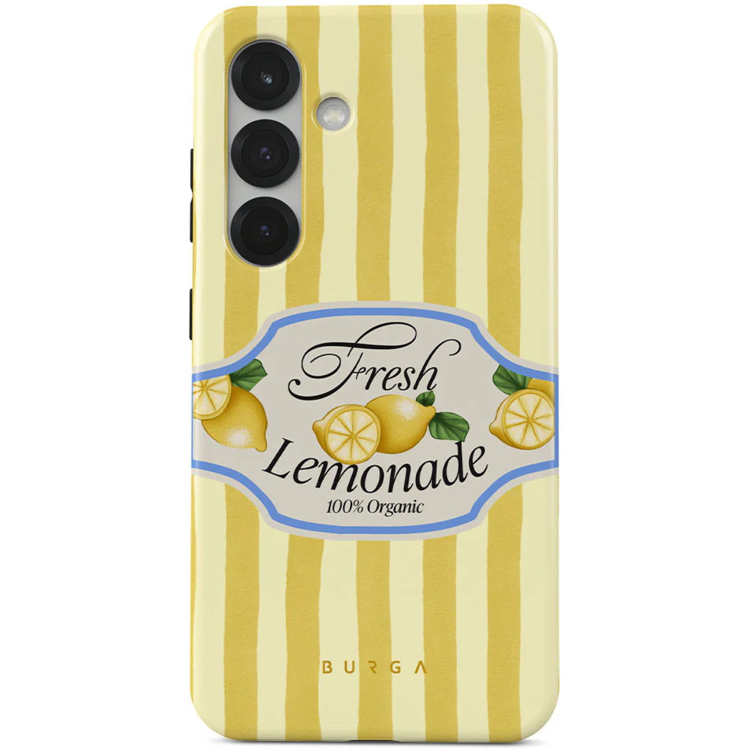 Une coque de téléphone sur le thème du citron. Elle présente des rayures jaunes, une étiquette 'Fresh Lemonade' et une image de citrons.