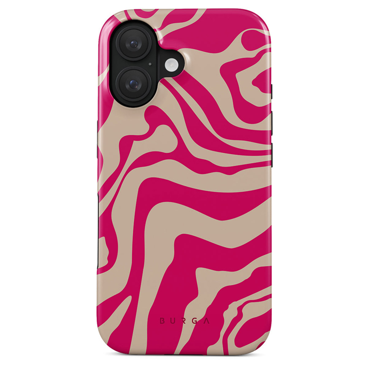 Een telefoonhoesje met een roze en beige wervelpatroon. De bovenkant heeft twee cameralenzen. Het woord BURGA staat onderaan.