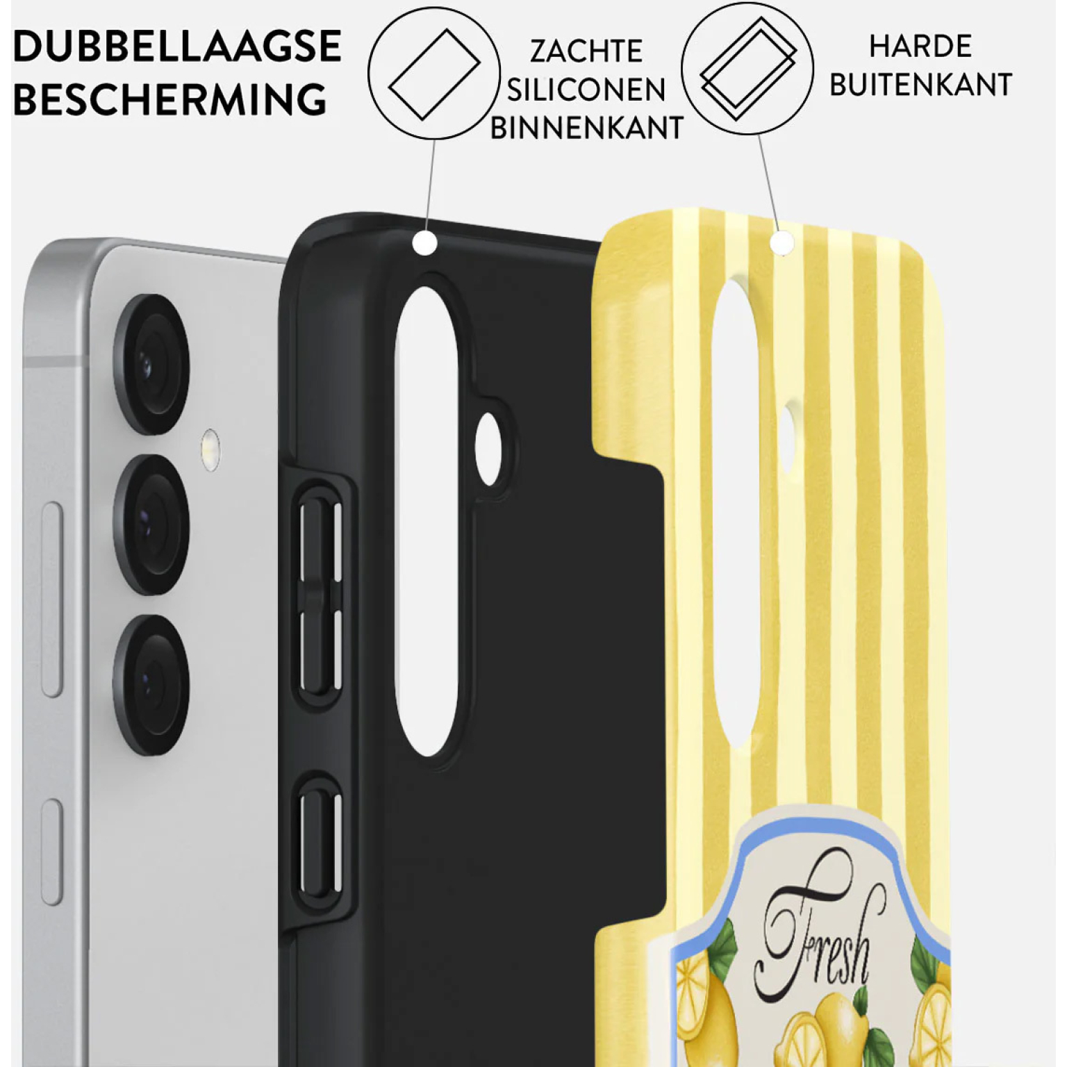 Un téléphone avec une coque de protection est montré. La coque a un design à rayures jaunes avec des citrons et une étiquette 'Fresh'.