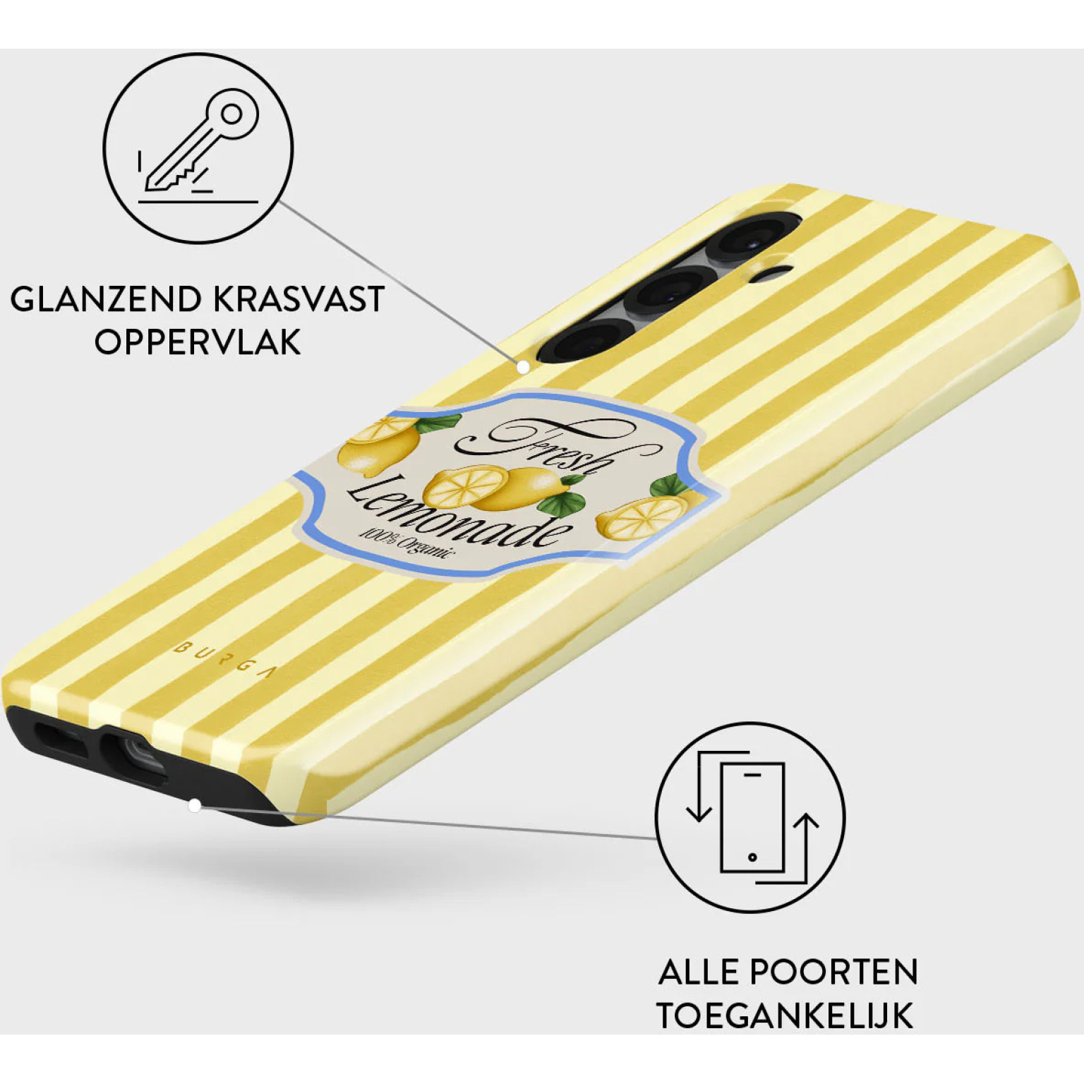 Une coque de téléphone à rayures jaunes et une étiquette 'Fresh Lemonade'. La coque a une finition brillante et est résistante aux rayures.