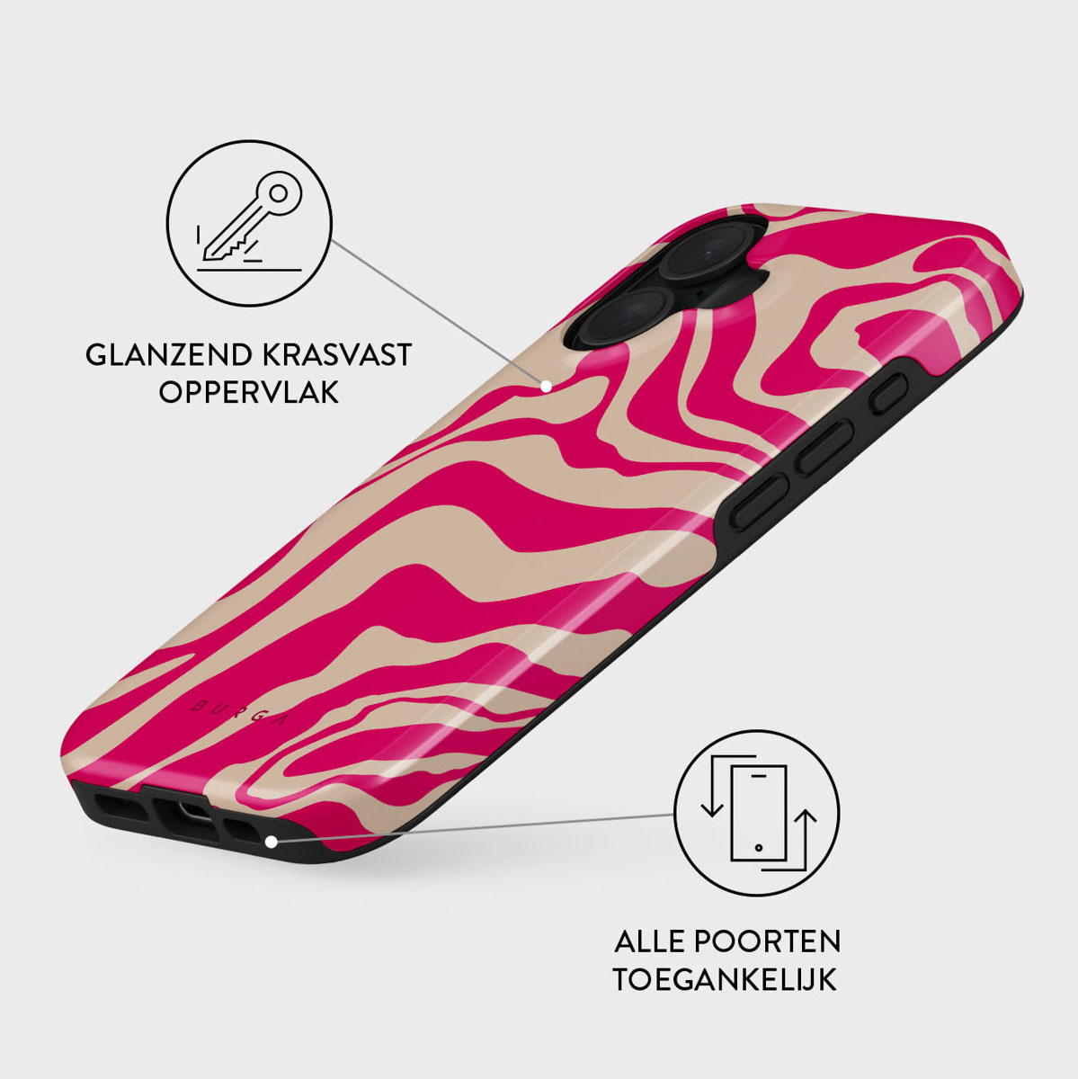 Een telefoonhoesje met een roze en beige golfpatroon. Het heeft een glanzende afwerking. De hoes heeft een zwart frame en is voorzien van tekst.