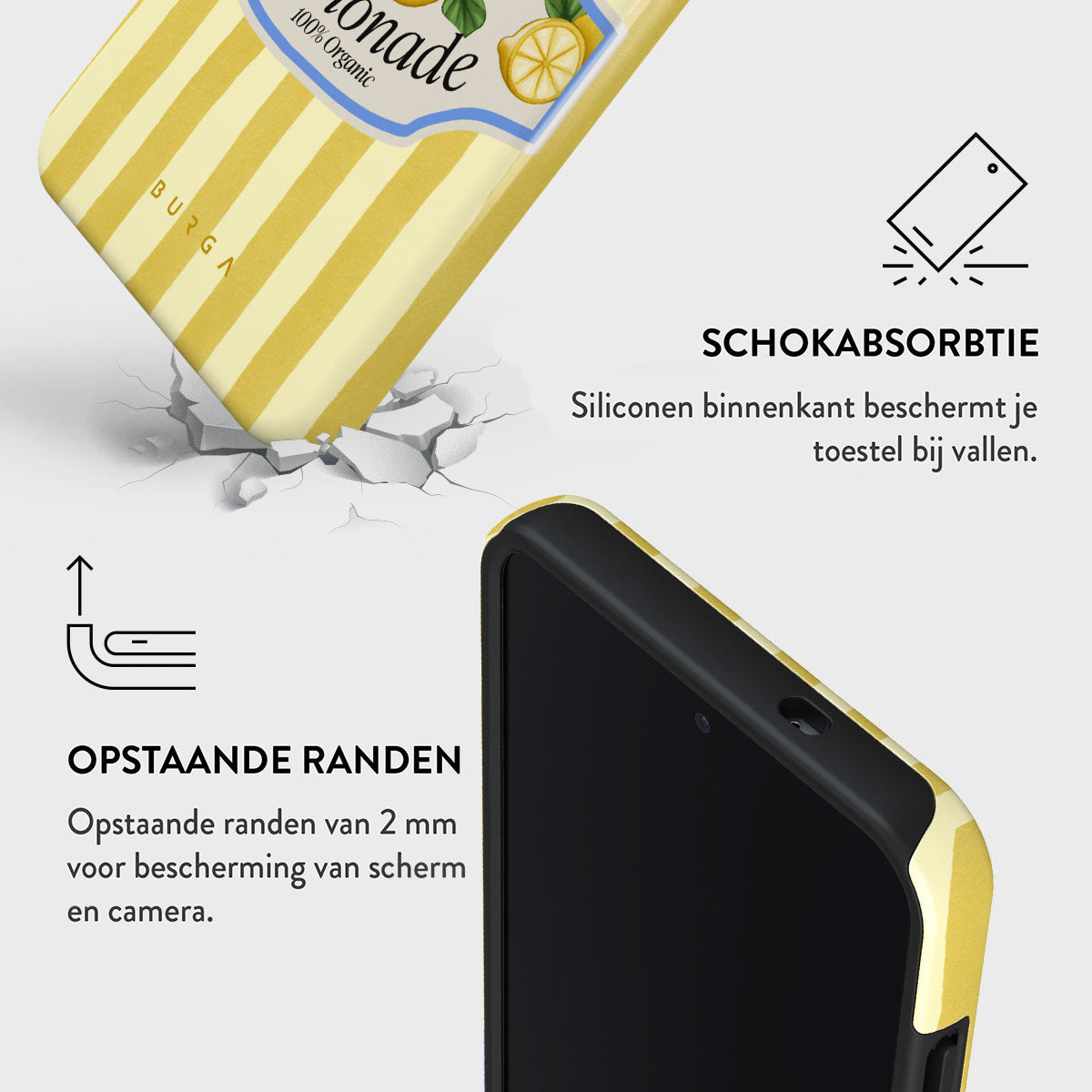 Une coque de téléphone avec un design de limonade, une surface fissurée et du texte en néerlandais, montrant ses caractéristiques de protection.