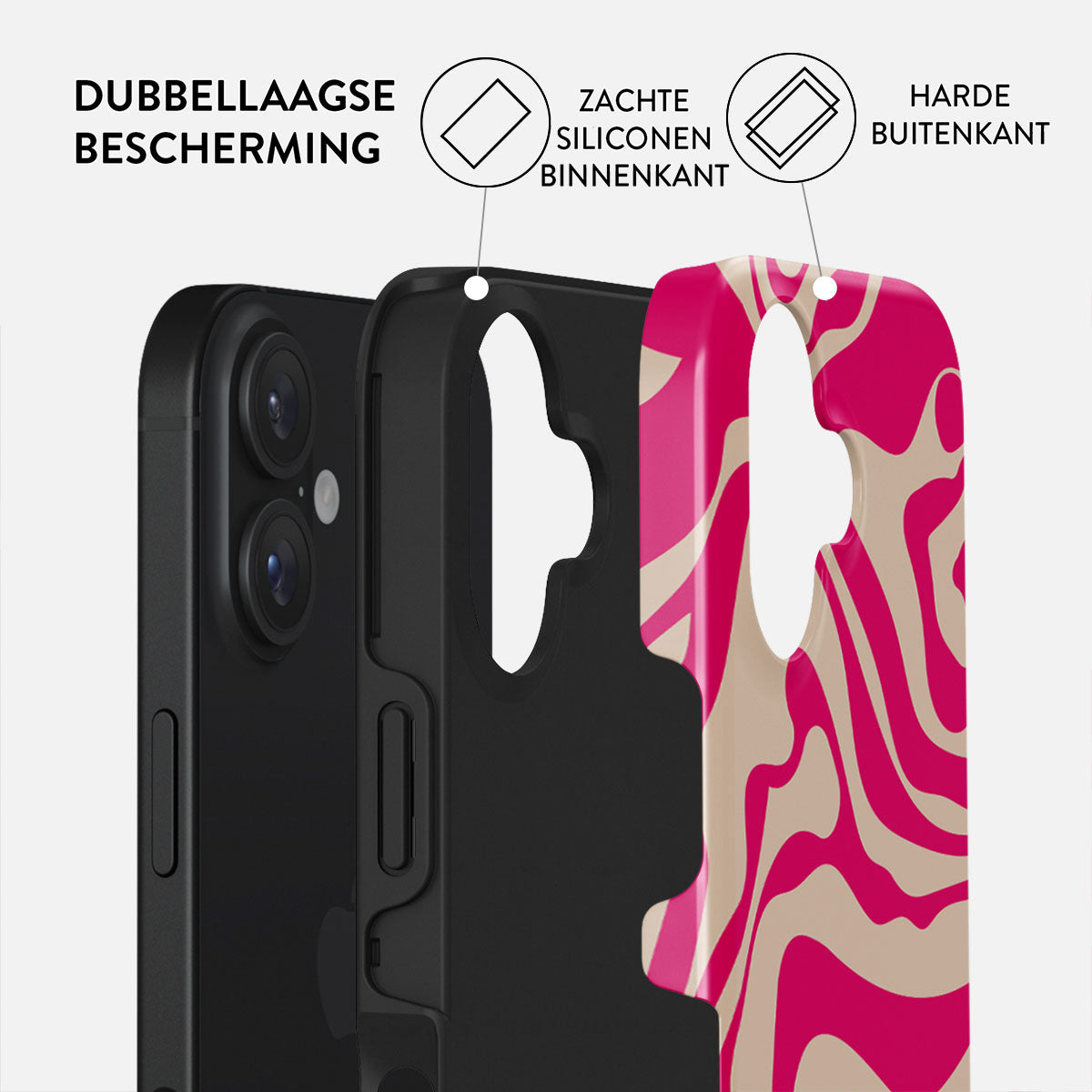 Telefoonhoesje met lagen: zwarte binnenkant, siliconen midden en roze/beige patroon buitenkant. Tekst: dubbellaagse bescherming.