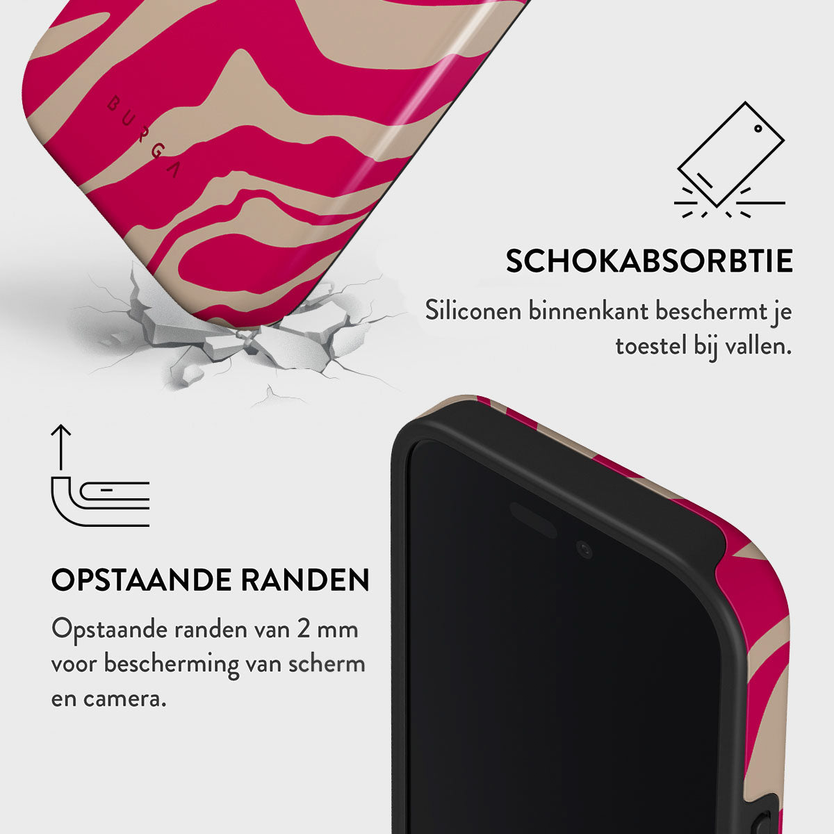 Een telefoonhoesje met een roze en beige patroon wordt getoond met een telefoon. Tekst beschrijft schokabsorptie en verhoogde randen.