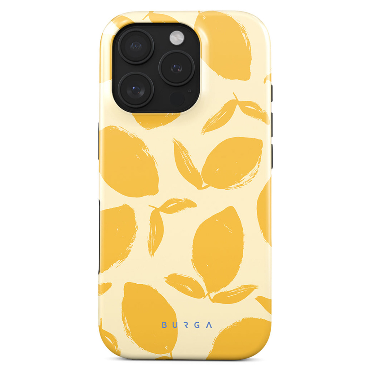 Une coque de téléphone avec un motif de citron. La coque a des citrons jaunes et des feuilles vertes sur fond jaune clair.