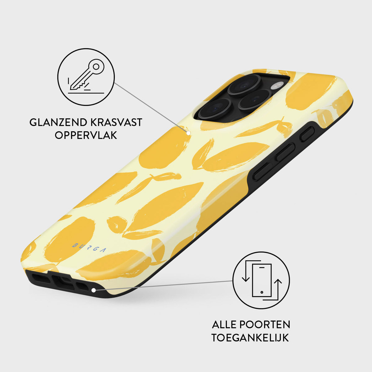Une coque de téléphone avec un motif de feuilles jaunes sur un fond clair. Le texte décrit une surface brillante, résistante aux rayures et des ports accessibles.