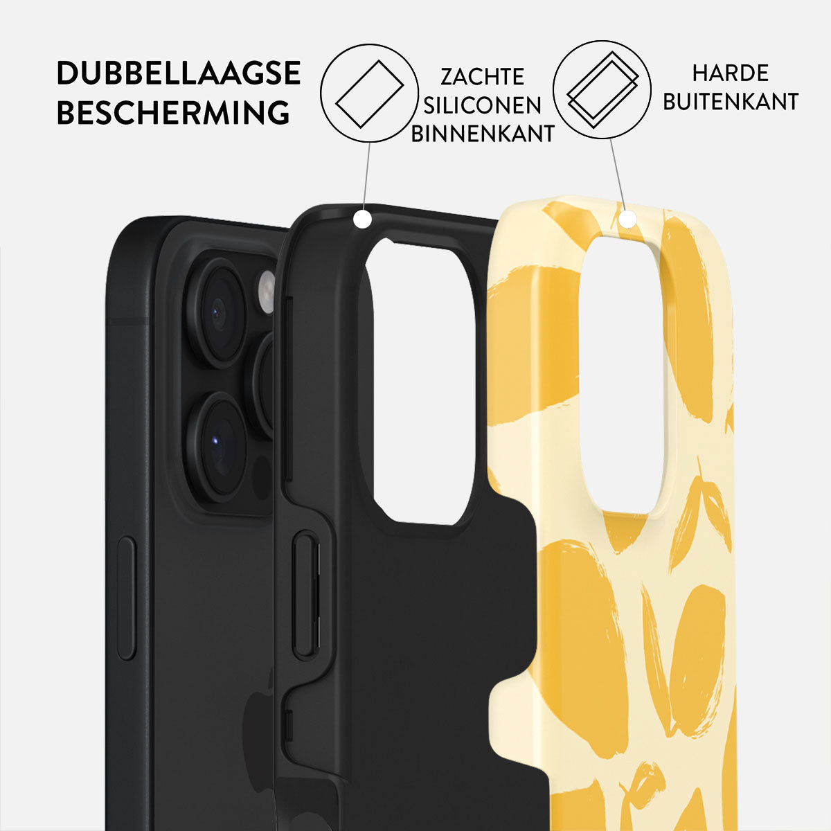 Image d'une coque de téléphone à double couche de protection. Couche interne noire, couche externe jaune à motifs avec texte en néerlandais.