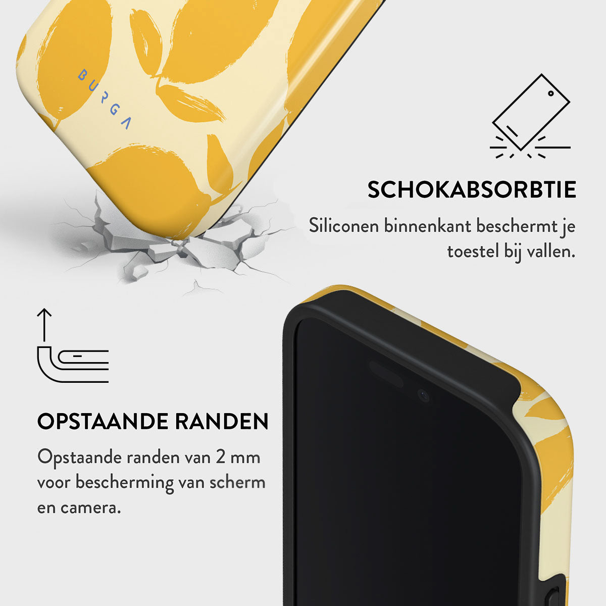 Coque de téléphone avec un motif floral jaune. Montre un téléphone dans l'étui, avec du texte sur l'absorption des chocs et les bords surélevés.