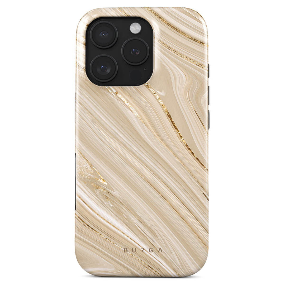 iPhone-hoesje met marmerdesign. Beige en gouden wervelingen met camerarray bovenaan. Merknaam 'BURGA' onderaan.