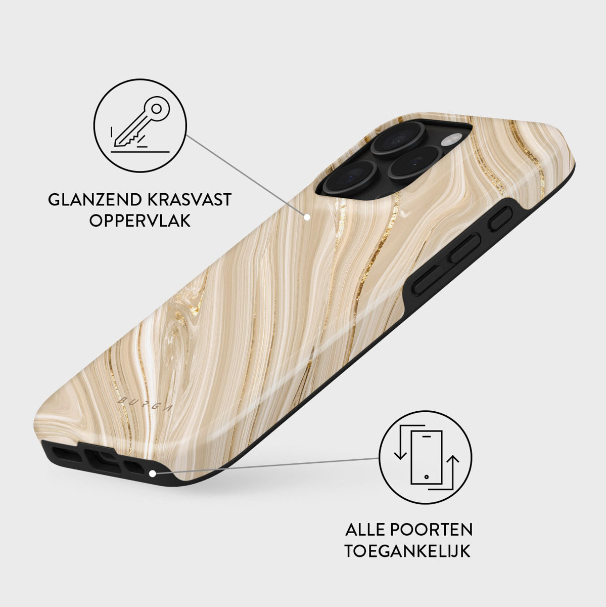 Een telefoonhoesje met een marmerpatroon in beige en goud, met zwarte randen. Nederlandse tekst geeft kenmerken aan.
