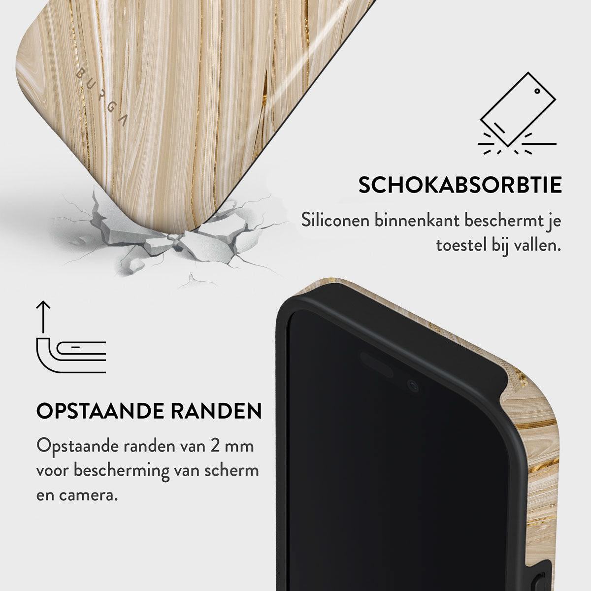 Een telefoonhoesje met marmer design. Tekst vermeldt schokabsorptie en verhoogde randen voor scherm- en camerabescherming.