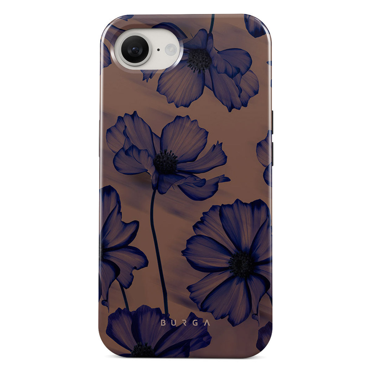 Telefoonhoesje met donkerblauw bloemmotief op bruine achtergrond. De merknaam BURGA is onderaan zichtbaar.