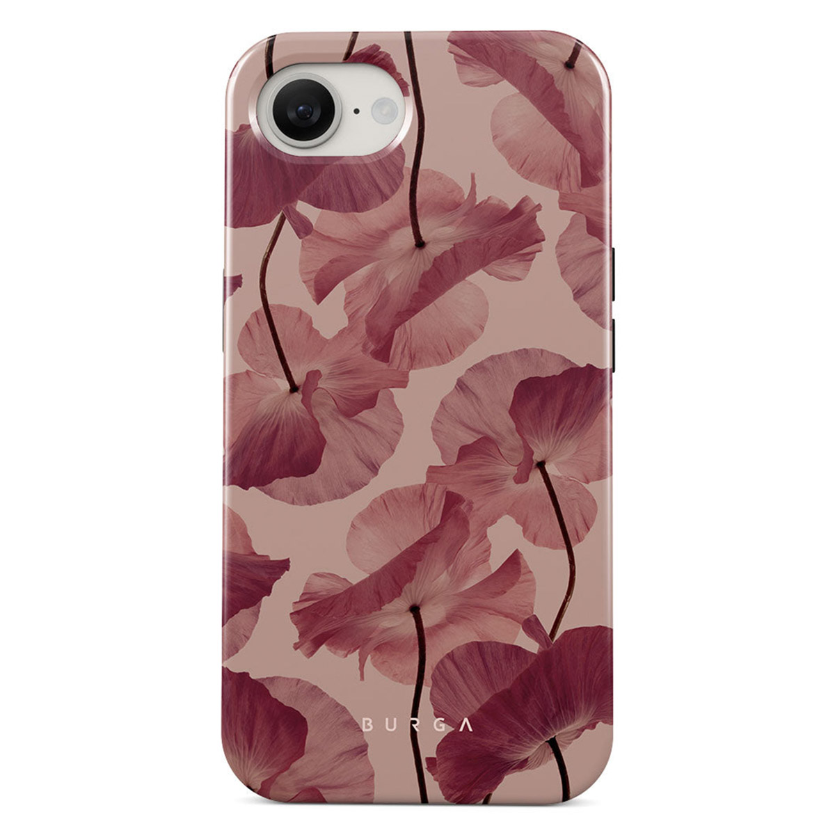 Telefoonhoesje met bloemenpatroon. Roze, doorschijnende bloemen met donkere stelen op een lichtroze achtergrond.