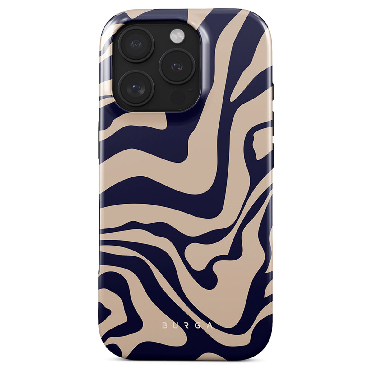 Een telefoonhoesje met een wervelpatroon in marineblauw en beige. De hoes heeft een cameramodule met drie lenzen en een flitser.
