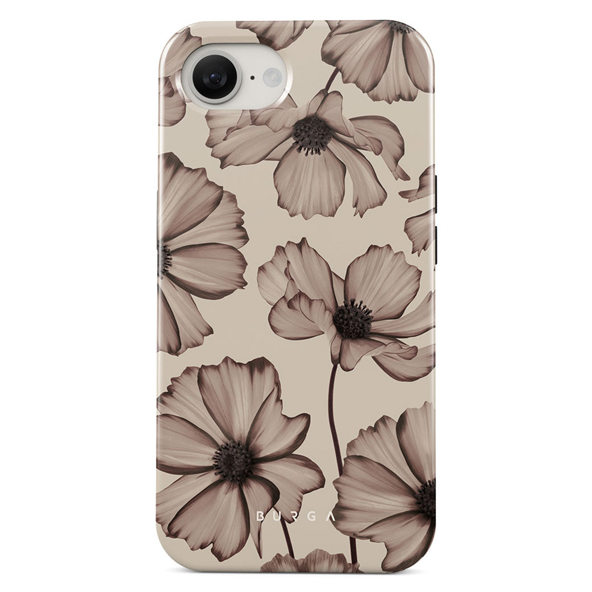 Telefoonhoesje met een bloemenpatroon van sepia-kleurige bloemen op een beige achtergrond. De hoes heeft een camera-uitsparing.