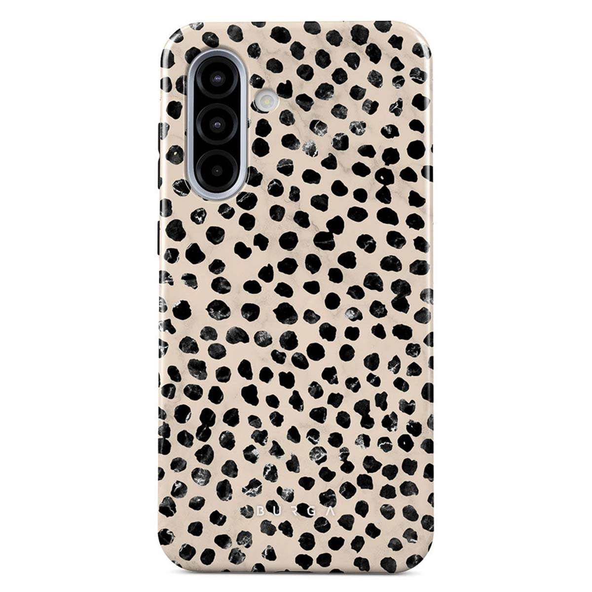 Een telefoonhoesje met een beige achtergrond en zwarte vlekken. Het heeft een cameramodule linksboven.