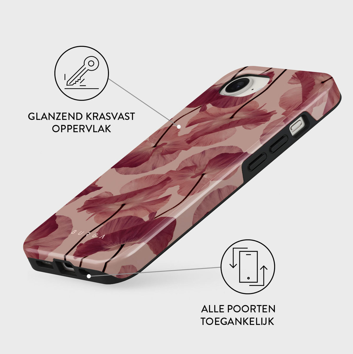 Een telefoonhoesje met een bloemenpatroon in roze en bordeaux. De hoes is glanzend en toont belangrijke kenmerken.