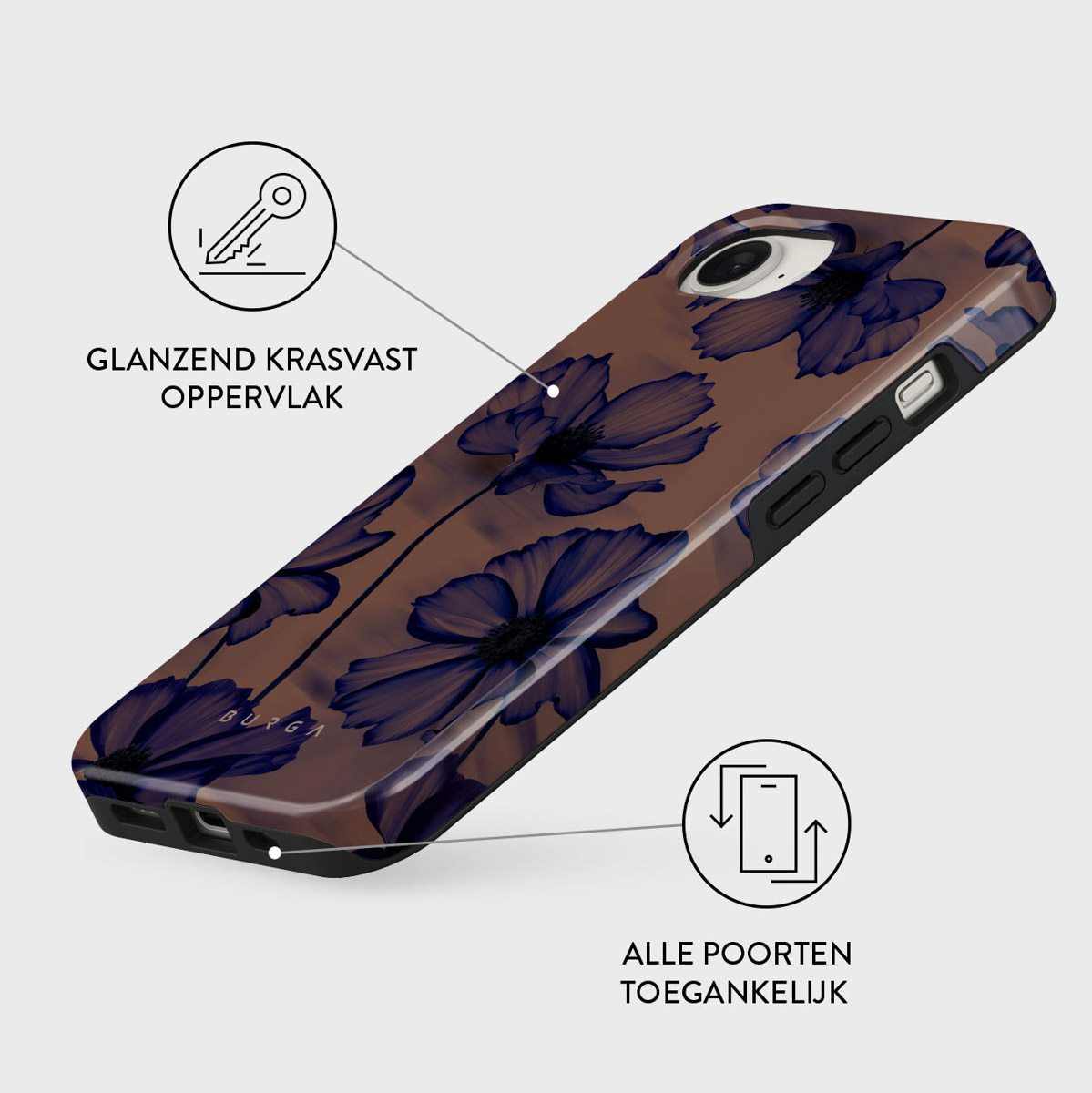 Een telefoonhoesje met een bloemenpatroon in blauw- en bruintinten. De hoes is glanzend. Er staan ook tekst en iconen op.