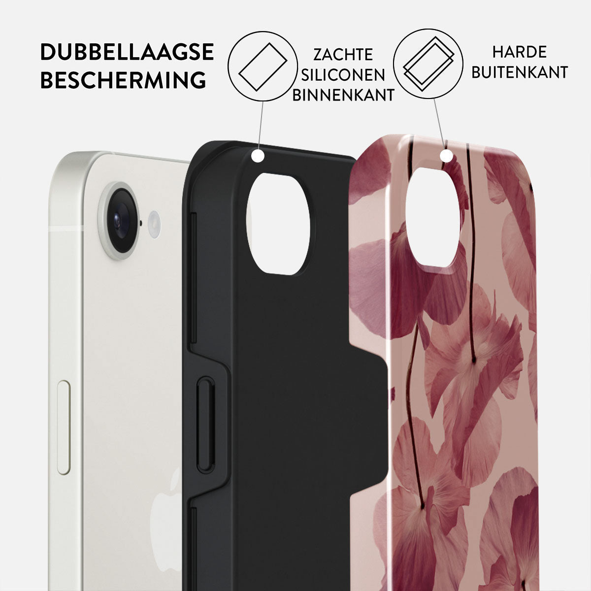 Afbeelding toont een witte telefoon naast zwarte en bloemige telefoonhoesjes. Tekstlabels geven 'dubbellaagse bescherming' en materiaaldetails aan.