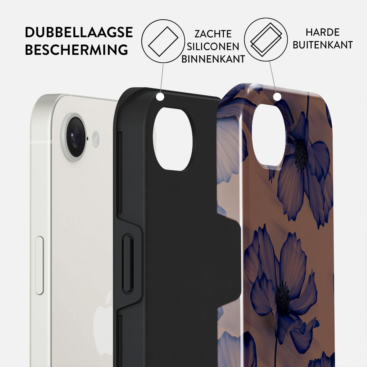 Afbeelding toont een telefoon en zijn beschermende lagen: witte telefoon, zwarte binnenhoes en buitenhoes met bloemenpatroon.