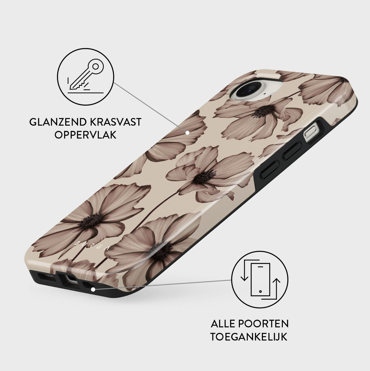 Een telefoonhoesje met een bloemenpatroon in beige en bruine tinten. De hoes is schuin geplaatst en toont het ontwerp en de zijkant van de telefoon.