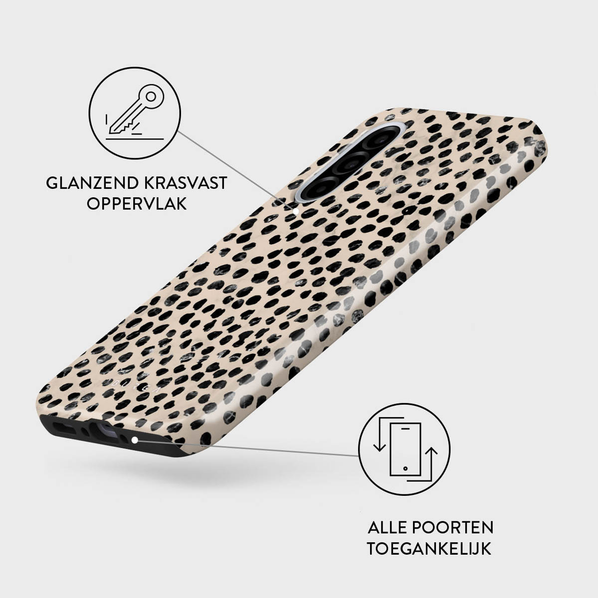 Een telefoonhoesje met een luipaardprint. De hoes heeft zwarte stippen op een beige achtergrond. Het heeft een sleutel-icoon en tekst: krasvast oppervlak.