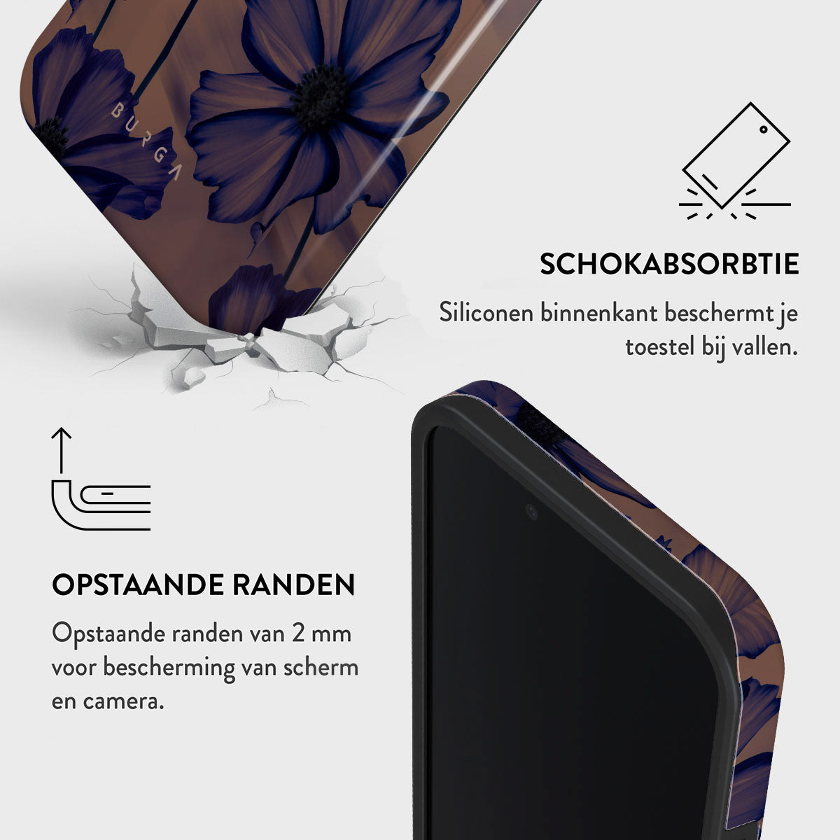 Een telefoonhoesje met een bloemmotief wordt getoond. Tekst benadrukt functies zoals schokabsorptie en opstaande randen.