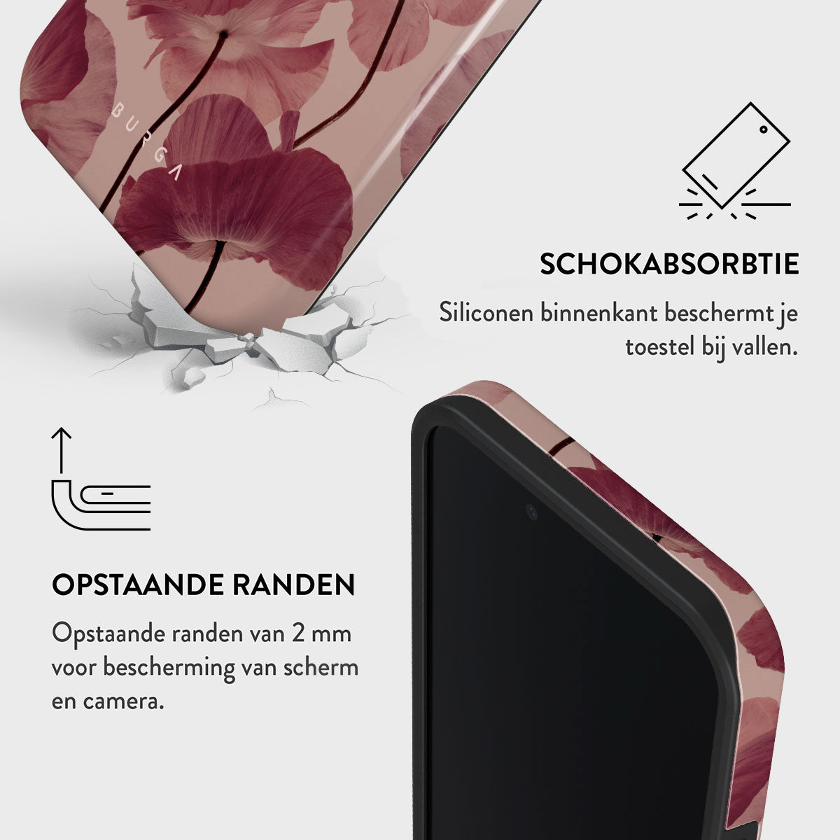 Telefoonhoesje met bloemenontwerp, gebroken grondeffect en tekst over schokabsorptie en verhoogde randen voor schermbescherming.
