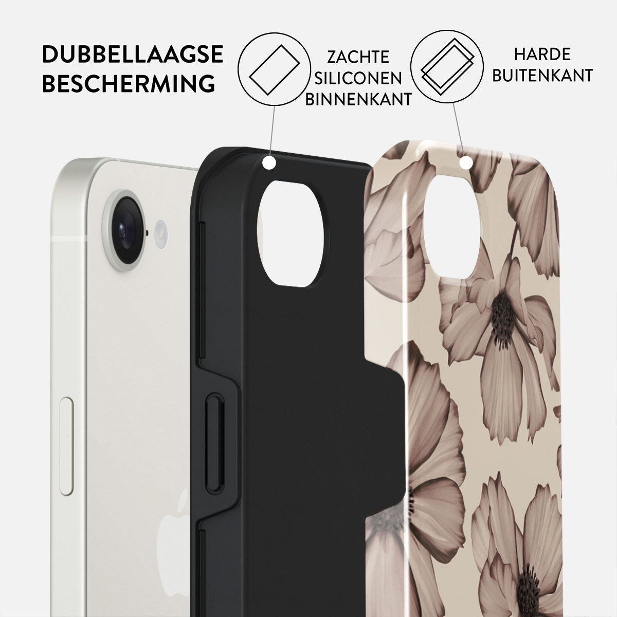 Afbeelding toont telefoonhoesjes met dubbellaagse bescherming: een zachte siliconen binnenkant en een harde buitenkant. Bloemenpatroon op de rechter hoes.