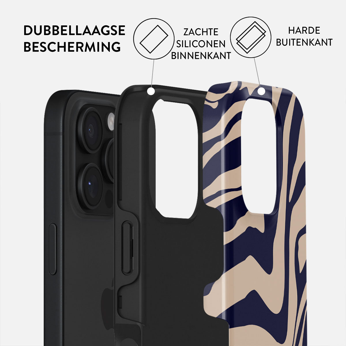 Telefoonhoesje met gelaagde bescherming. Bevat een zwarte binnenlaag, een middelste laag met patroon en tekstlabels.