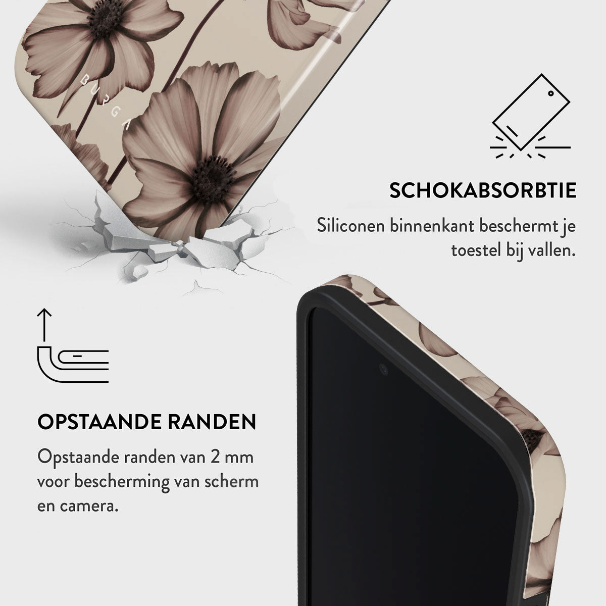 Telefoonhoesje met bloemenontwerp, gebroken grondeffect en pictogrammen met tekst over schokabsorptie en verhoogde randen.