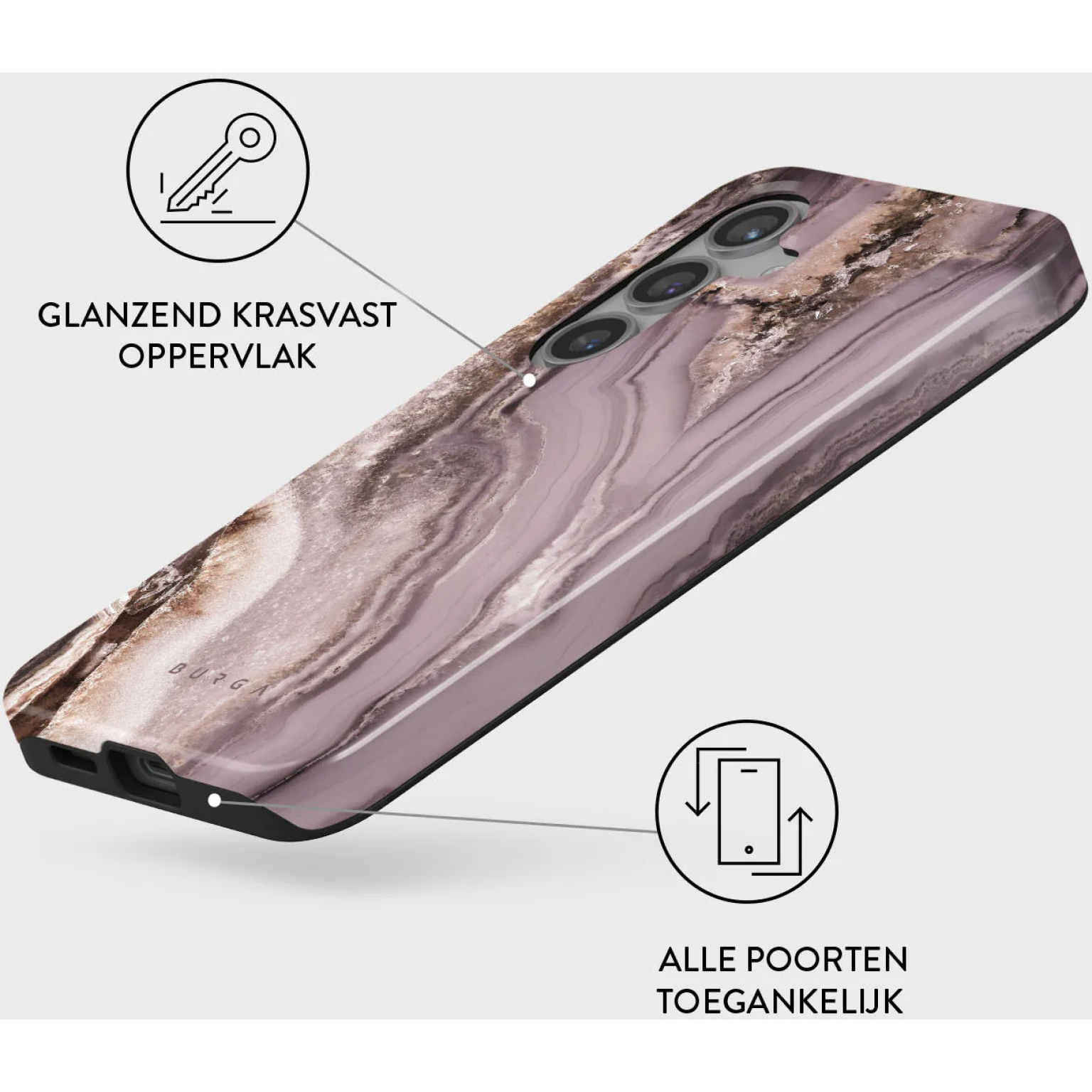 Etui na telefon z marmurowym wzorem. Ma błyszczącą, odporną na zarysowania powierzchnię. Etui jest pokazane z diagramami i tekstem w języku niderlandzkim.