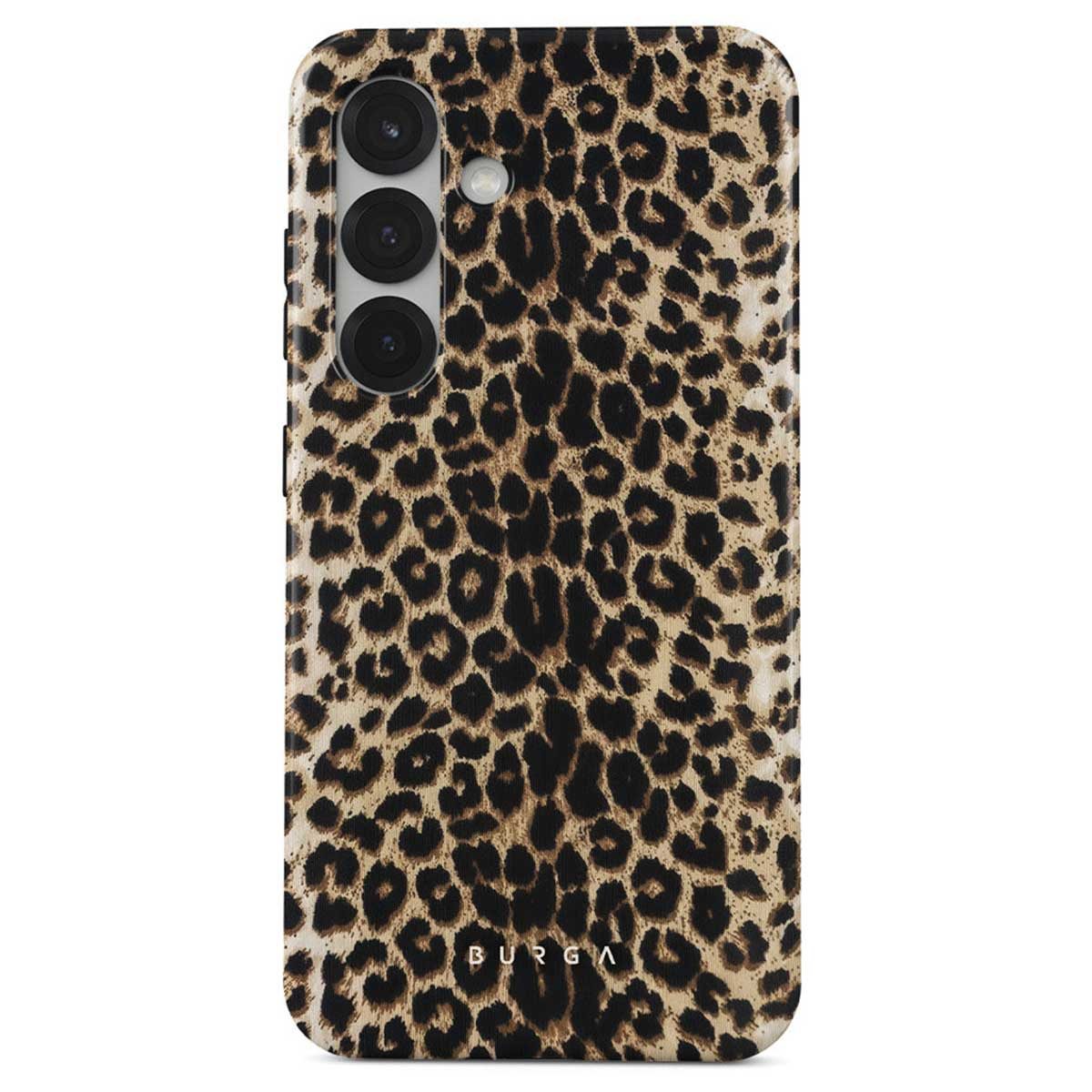 Coque de téléphone avec un motif léopard. La coque a un module caméra avec trois lentilles et la marque BURGA est visible.
