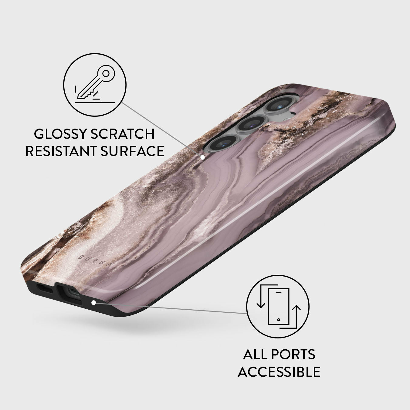 Etui na telefon z marmurowym wzorem. Tekst brzmi 'Błyszcząca powierzchnia odporna na zarysowania' i 'Wszystkie porty dostępne'. Etui jest na białym tle.