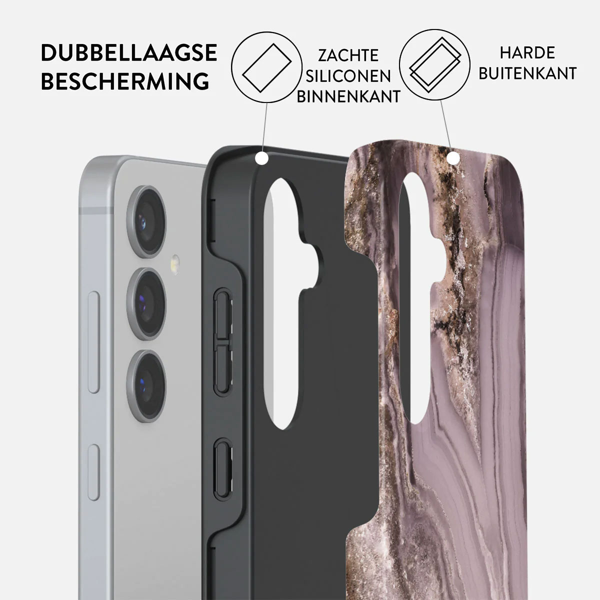Zdjęcie przedstawia etui na telefon z telefonem w środku. Etui jest czarne z wzorem marmuru na plecach i srebrnym telefonem po lewej stronie.