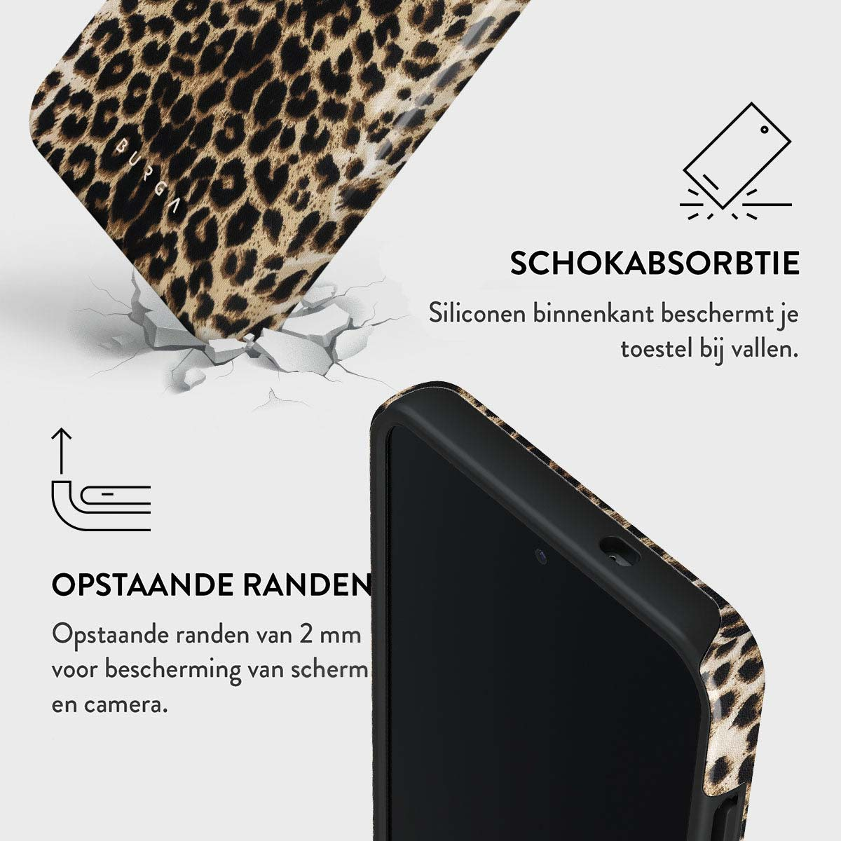 Une coque de téléphone avec un motif léopard. Le texte décrit l'absorption des chocs et les bords surélevés pour la protection de l'écran et de la caméra.