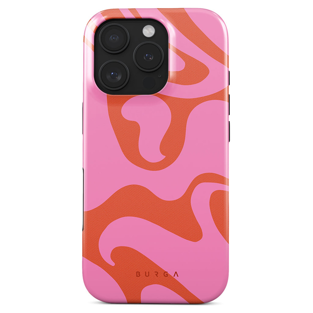Een roze telefoonhoesje met oranje golfpatronen, een camera en de merknaam 'BURGA' onderaan. De hoes is op een witte achtergrond.
