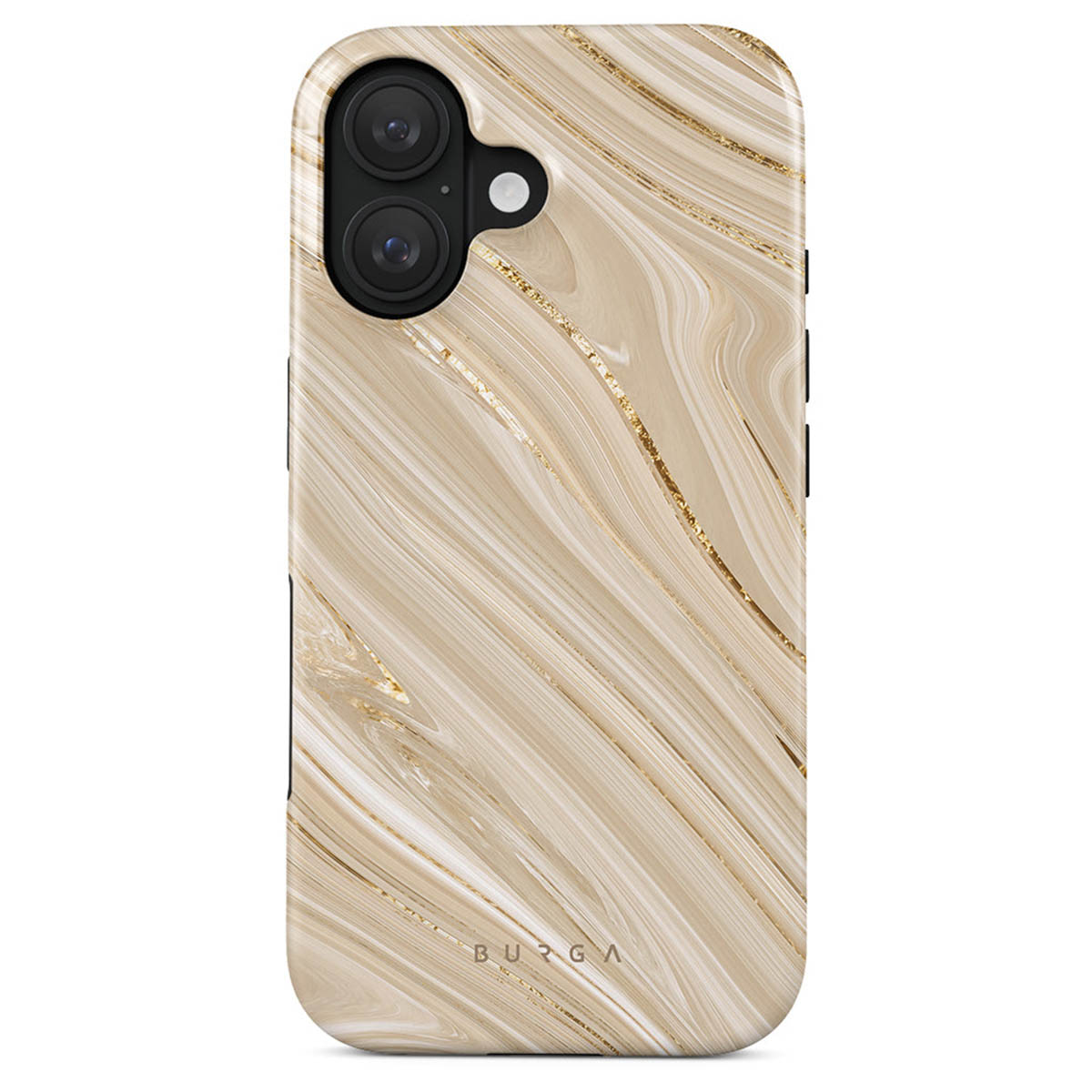 Telefoonhoesje met marmerontwerp. Beige, gouden en witte wervelingen creëren een patroon. De camera van de telefoon is zichtbaar.