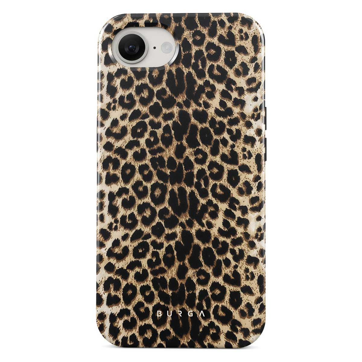 Een telefoonhoesje met een luipaardprint. De hoes heeft een cameragat aan de bovenkant en de merknaam 'BURGA' onderaan.