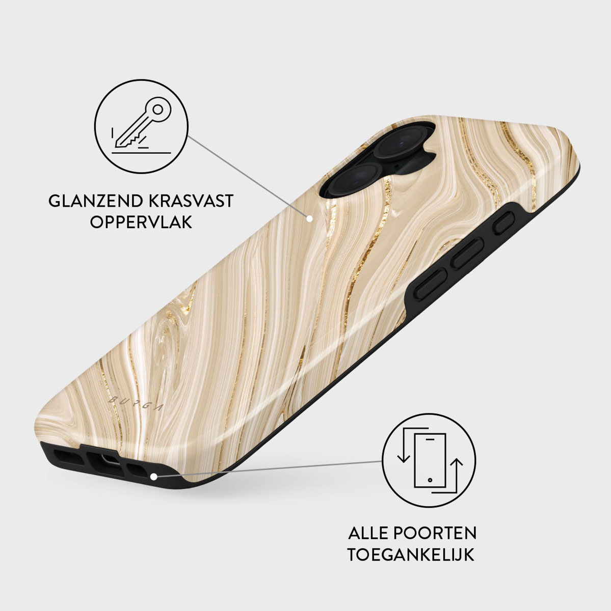 Telefoonhoesje met marmerontwerp in beige en goud. Glanzend, krasbestendig oppervlak en toegankelijke poorten. Zwarte rand. Tekst in het Nederlands.