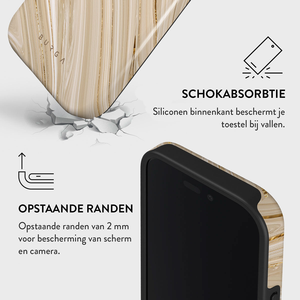 Telefoonhoesje met een houtachtig ontwerp. Kenmerken: schokabsorptie, opstaande randen en bescherming. De hoes zit op een witte achtergrond.