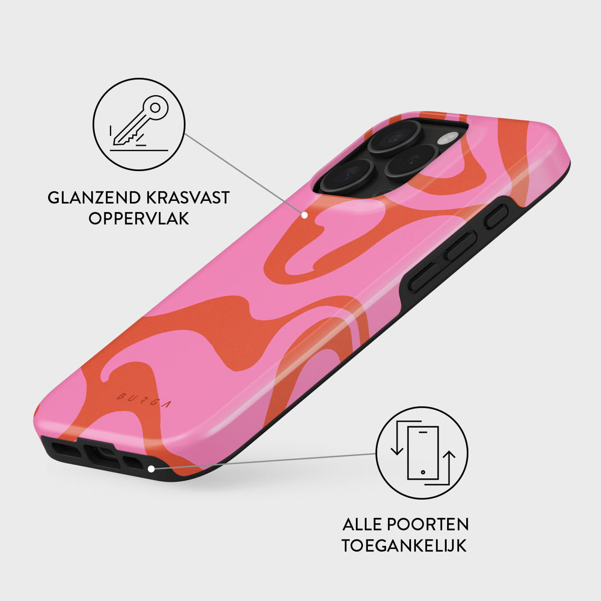 Roze en oranje patroon telefoonhoesje met zwarte randen. Het heeft iconen en Nederlandse tekst, waaronder 'Glanzend Krasvast Oppervlak'.