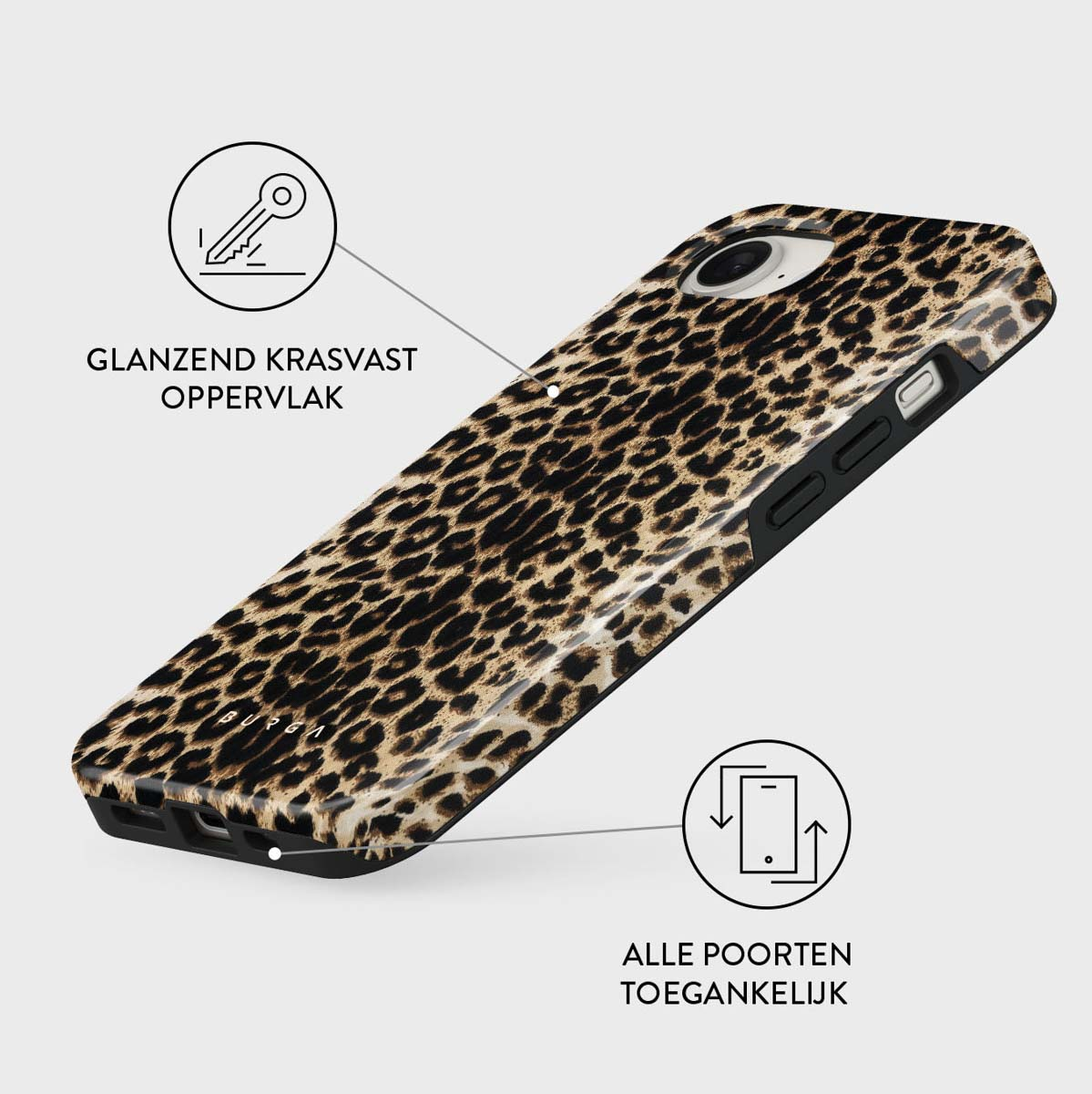 Een telefoonhoesje met luipaardprint met de tekst 'GLANZEND KRASVAST OPPERVLAK' en 'ALLE POORTEN TOEGANKELIJK' wordt getoond.